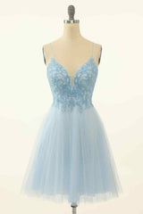 Light Blue A-line V Neck Beading-Embroidered Tulle Mini Corset Homecoming Dress outfit, Formal Dress Elegant Classy