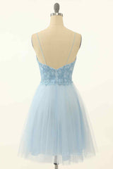 Light Blue A-line V Neck Beading-Embroidered Tulle Mini Corset Homecoming Dress outfit, Formal Dress Short