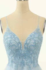 Light Blue A-line V Neck Beading-Embroidered Tulle Mini Corset Homecoming Dress outfit, Formals Dresses Short