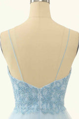 Light Blue A-line V Neck Beading-Embroidered Tulle Mini Corset Homecoming Dress outfit, Formall Dresses Short
