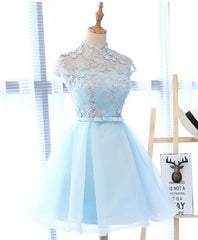 Light Blue Applique Short Corset Prom Dress, Blue Corset Homecoming Dress outfit, Homecoming Dresses Elegant