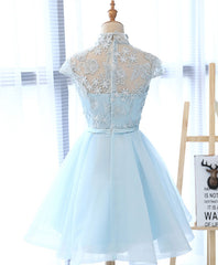 Light Blue Applique Short Corset Prom Dress, Blue Corset Homecoming Dress outfit, Homecomming Dresses Short