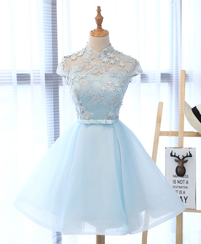 Light Blue Applique Short Corset Prom Dress, Blue Corset Homecoming Dress outfit, Homecoming Dress Elegant