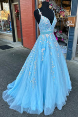 Light Blue Appliques V-Neck Belted A-Line Corset Prom Dress outfits, Bridesmaid Dress Shops