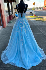 Light Blue Appliques V-Neck Belted A-Line Corset Prom Dress outfits, Bridesmaid Dress Sale