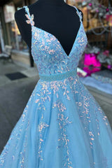 Light Blue Appliques V-Neck Belted A-Line Corset Prom Dress outfits, Bridesmaid Dress Custom
