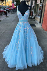 Light Blue Appliques V-Neck Belted A-Line Corset Prom Dress outfits, Bridesmaid Dresses 2036
