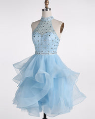 Light Blue Beaded Layers Knee Length Party Dress, Blue Corset Homecoming Dress Short Corset Prom Dress outfits, Red Carpet Dress