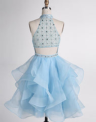 Light Blue Beaded Layers Knee Length Party Dress, Blue Corset Homecoming Dress Short Corset Prom Dress outfits, Sweet 24 Dress