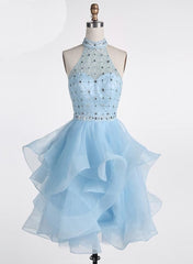 Light Blue Beaded Layers Knee Length Party Dress, Blue Corset Homecoming Dress Short Corset Prom Dress outfits, Corset Dress
