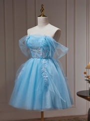 Light Blue Beaded Sweetheart Tulle Lace-up Party Dress, Blue Short Corset Homecoming Dress outfit, Wedding Theme