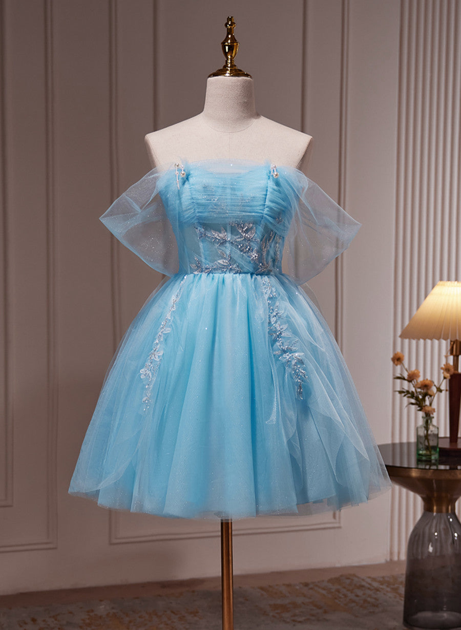 Light Blue Beaded Sweetheart Tulle Lace-up Party Dress, Blue Short Corset Homecoming Dress outfit, Winter Formal Dress
