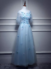 Light Blue Flowers Long Party Dress, A-line Tulle Party Dress Evening Dress outfit, Bridesmaids Dress Gold