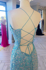 Light Blue Iridescent Sequin Lace-Up Long Corset Prom Dress with Slit Gowns, Bridesmaid Dresses Blush Pink