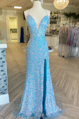 Light Blue Iridescent Sequin Lace-Up Long Corset Prom Dress with Slit Gowns, Bridesmaids Dresses Blush Pink