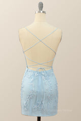 Light Blue Lace Straps Tight Mini Dress outfit, Homecoming Dress Vintage