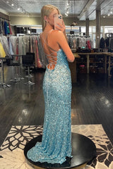 Light Blue Lace-Up Back Sequins Corset Prom Dress with Slit Gowns, Light Blue Lace-Up Back Sequins Prom Dress with Slit