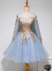 Light Blue Long Sleeves with Gold Lace Cute Corset Homecoming Dress, Blue Short Corset Prom Dress outfits, Bridesmaids Dresses Online