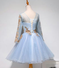 Light Blue Long Sleeves with Gold Lace Cute Corset Homecoming Dress, Blue Short Corset Prom Dress outfits, Bridesmaids Dress Online