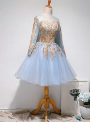 Light Blue Long Sleeves with Gold Lace Cute Corset Homecoming Dress, Blue Short Corset Prom Dress outfits, Bridesmaid Dress Design