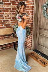 Light Blue Mermaid Sequins Long Corset Prom Dress outfits, Light Blue Mermaid Sequins Long Prom Dress