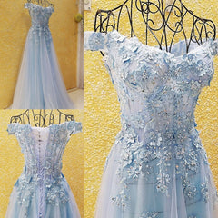 Light Blue Off Shoulder Long Party Dress with Flowers, Tulle Blue Evening Dress Corset Prom Dress outfits, Party Dresses Outfit