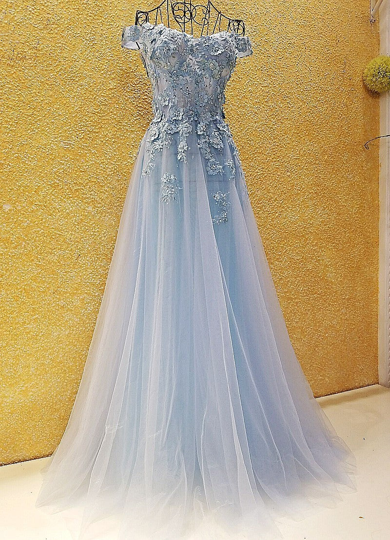 Light Blue Off Shoulder Long Party Dress with Flowers, Tulle Blue Evening Dress Corset Prom Dress outfits, Party Dress Classy