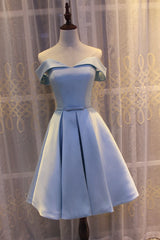 Light Blue Off Shoulder Satin Corset Bridesmaid Dress, Blue Short Corset Formal Dress outfit, Prom Dresses 2033
