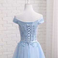 Light Blue Off Shoulder Tulle Party Dress, Blue Corset Homecoming Dresses outfit, Homecoming Dress Modest