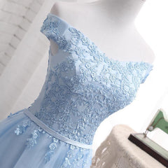 Light Blue Off Shoulder Tulle Party Dress, Blue Corset Homecoming Dresses outfit, Homecoming Dresses Chiffon