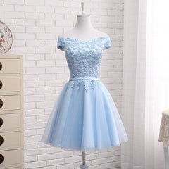 Light Blue Off Shoulder Tulle Party Dress, Blue Corset Homecoming Dresses outfit, Homecoming Dress Chiffon