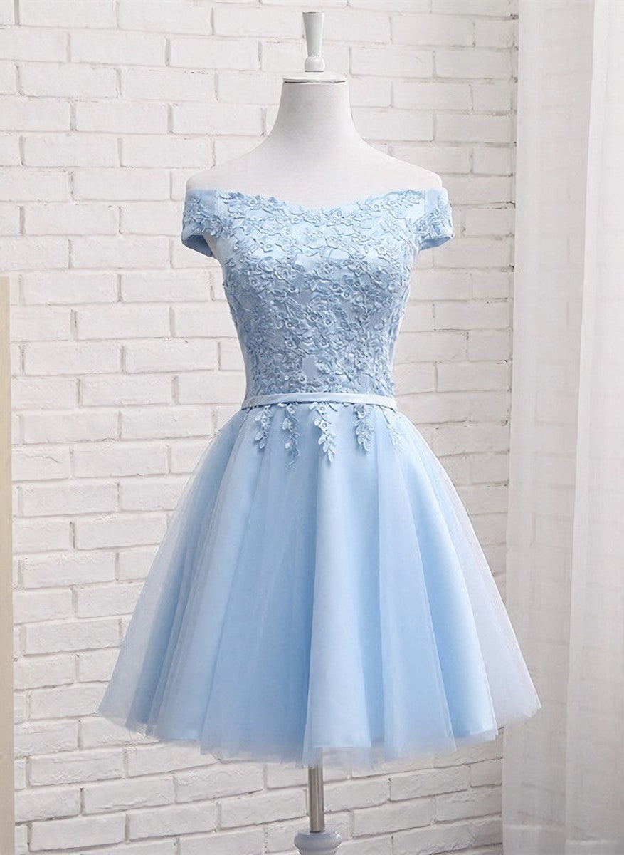 Light Blue Off Shoulder Tulle Party Dress, Blue Corset Homecoming Dresses outfit, Homecoming Dresses Modest
