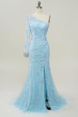 Light Blue One Shoulder Appliques Mermaid Long Corset Prom Dress with Slit Gowns, Prom Dresses Open Back