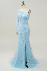 Light Blue One Shoulder Appliques Mermaid Long Corset Prom Dress with Slit Gowns, Prom Dress 2022