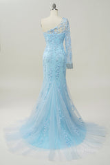 Light Blue One Shoulder Appliques Mermaid Long Corset Prom Dress with Slit Gowns, Prom Dresses2022