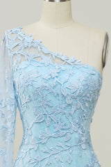 Light Blue One Shoulder Appliques Mermaid Long Corset Prom Dress with Slit Gowns, Prom Dresses Princesses