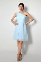 Light Blue One Shoulder Chiffon Knee Length Corset Homecoming Dresses outfit, Prom Dress Ideas
