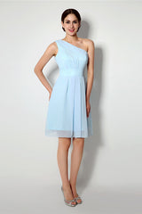 Light Blue One Shoulder Chiffon Knee Length Corset Homecoming Dresses outfit, Prom Dress Blue