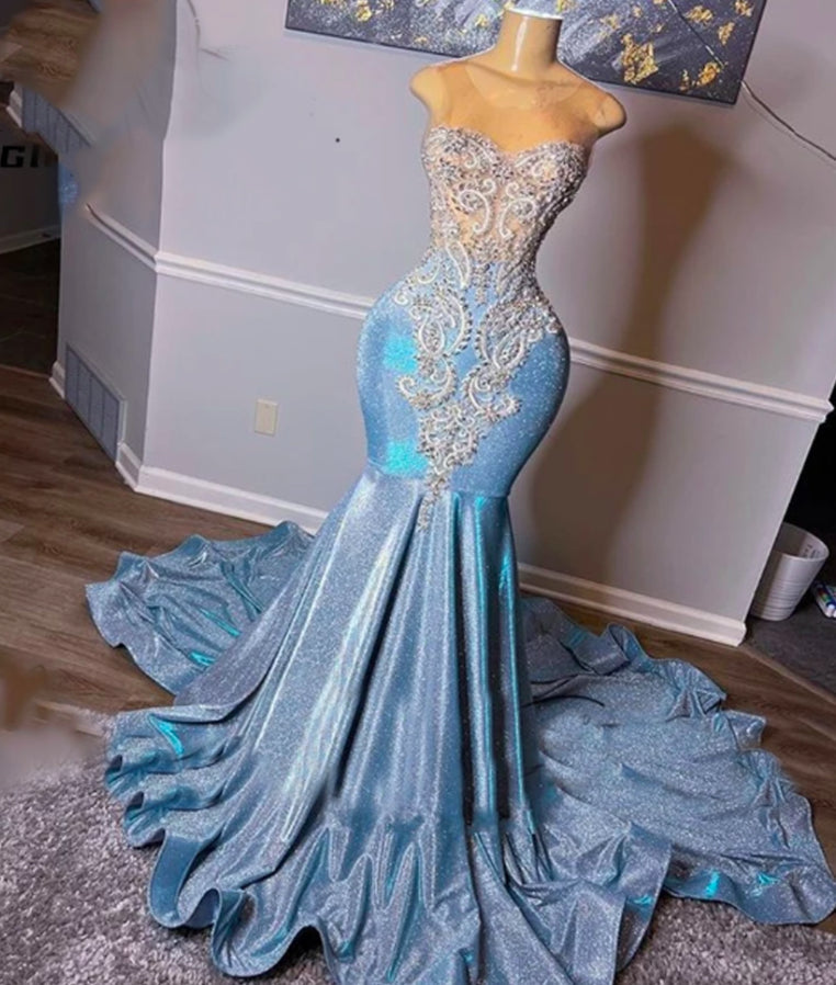 Light Blue Corset Prom dresses, crystal evening dresses, sequins evening gowns, mermaid Corset Prom dresses outfit, Party Dress Sleeves