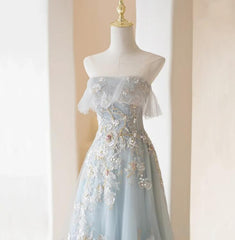Light Blue Corset Prom Dresses Fairy,Long Blue Tulle Floral Appliques Corset Formal Dresses outfit, Vacation Dress
