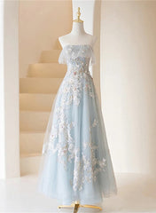 Light Blue Corset Prom Dresses Fairy,Long Blue Tulle Floral Appliques Corset Formal Dresses outfit, Long Prom Dress