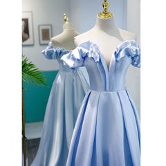 Light Blue Satin A-line Off Shoulder Long Corset Formal Dress, Light Blue Evening Dress Corset Prom Dress outfits, Party Dress For Girl