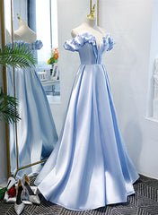 Light Blue Satin A-line Off Shoulder Long Corset Formal Dress, Light Blue Evening Dress Corset Prom Dress outfits, Party Dresses For Girl