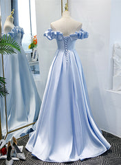 Light Blue Satin A-line Off Shoulder Long Corset Formal Dress, Light Blue Evening Dress Corset Prom Dress outfits, Night Out Outfit