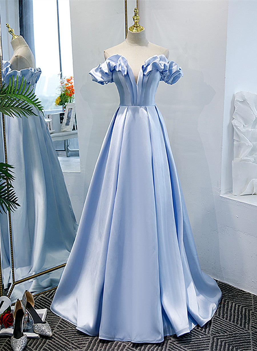 Light Blue Satin A-line Off Shoulder Long Corset Formal Dress, Light Blue Evening Dress Corset Prom Dress outfits, Party Outfit