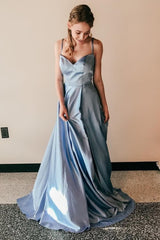 Light Blue Satin A-Line Corset Prom Dress outfits, Light Blue Satin A-Line Prom Dress