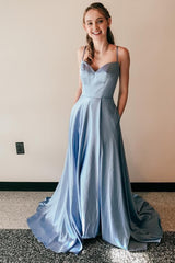 Light Blue Satin A-Line Corset Prom Dress outfits, Light Blue Satin A-Line Prom Dress