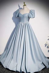 Light Blue Satin Long Corset Prom Dress,A-Line Short Sleeve Evening Dresses outfit, Bridesmaid Dresses Mismatched