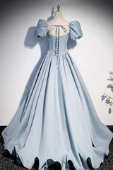 Light Blue Satin Long Corset Prom Dress,A-Line Short Sleeve Evening Dresses outfit, Bridesmaid Dress Long