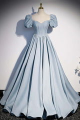 Light Blue Satin Long Corset Prom Dress,A-Line Short Sleeve Evening Dresses outfit, Bridesmaid Dress Color Scheme